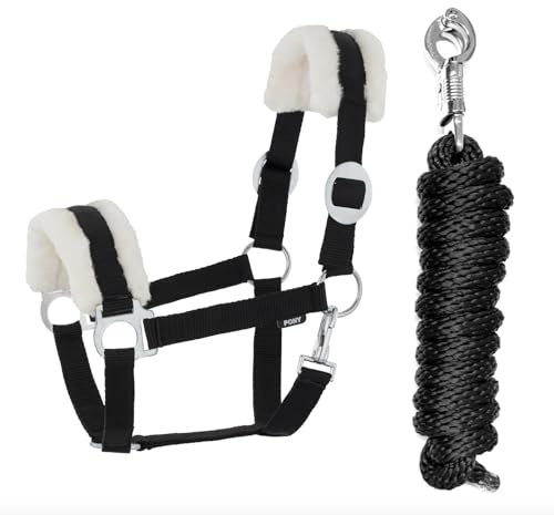 JA Horse JA4004 fuskpäls grimma grimskaft set med panikkrok justerbar hästgrimma häst trähäst anbindningsrep (fuskpäls panikkrok svart, cob)