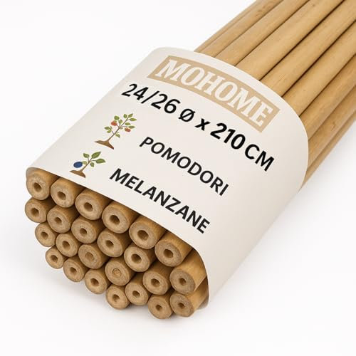 MOHOME Canne Bambù Giardinaggio Naturali Set 25 Cannette 24/26 Ø x 210 cm Bastoncini Supporto Piante Orto Sostegni Tutore Pali Resistenti Rampicanti Giardino Pomodori Melanzane