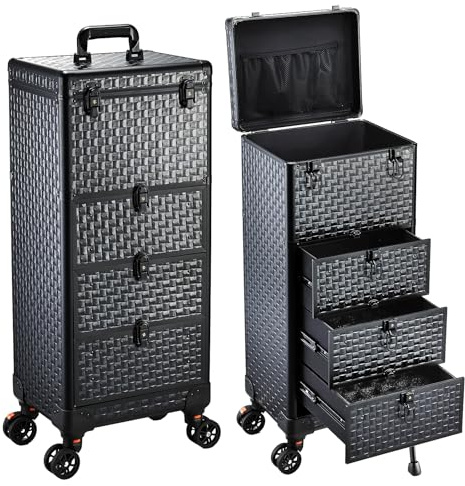Valise de Maquillage à roulettes, Malette Professionnelle pour Onglerie et Coiffure avec 3 Tiroirs et Système de Verrouillage, Noire