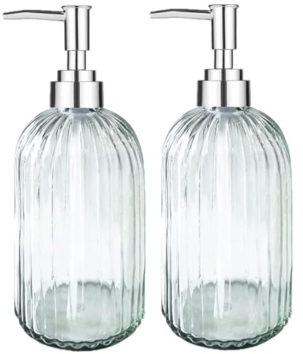 VAKOWOO 2 Pack Glass Soap Dispenser with Pump, 14 Oz Liquid Hand Soap Dispenser, Refillable Glass Bottle Hand Dish Soap Jar Dispensers for Bathroom, Countertop, Kitchen, Laundry Room, Transparent
