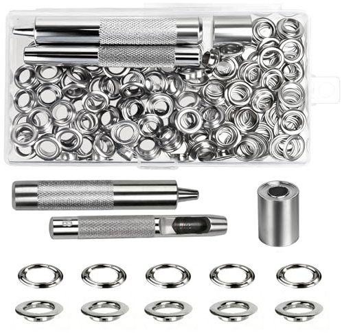Luabue 8mm Kit de Grommets Eyelets Outils 100PCS Œillets et 100PCS Rondelle Metal Ensembles Oeillet Grommet Kit avec Outil Socle Poinçon pour Bâches Tentes Cuir