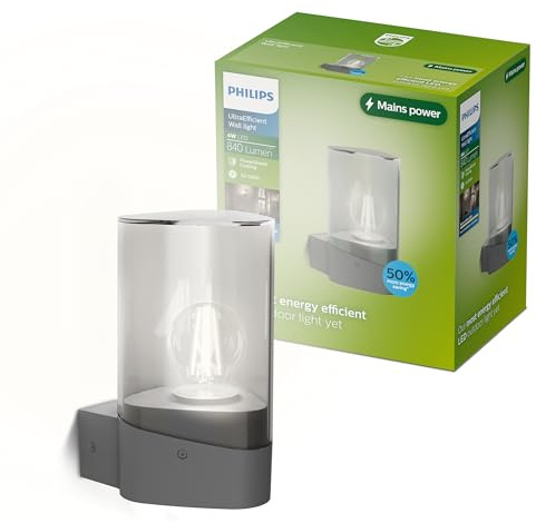 Philips Nayl utomhusvägglampa, 840 lm, 2700 K, PowerShield, IP44 vädertålig, hållbar, aluminium, modern design, med UltraEfficient LED-lampor, antracitgrå