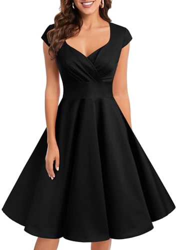 Bbonlinedress Robe Femme de Soirée Cocktail Vintage Femme Chic Courte pour Mariage Invité Gala Fête Témoin Anniversaire Col Carré Black L