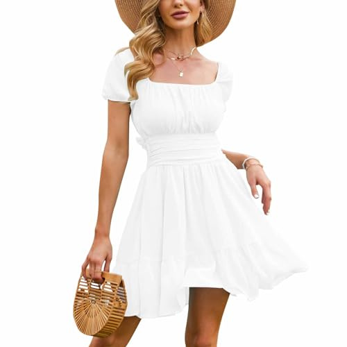 EXLURA Women's 2026 Summer Short Puff Sleeve Casual Short Mini Dresses Tie Back Square Neck A-Line Sundress White