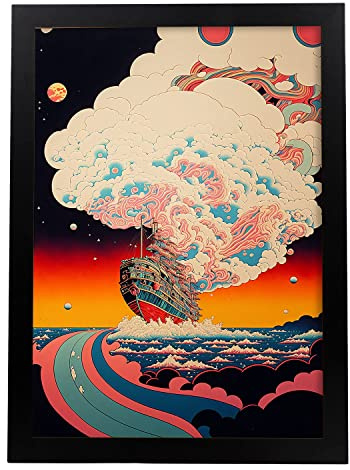 Nacnic Segla Affisch i japansk Ukiyo-konststil. Abstrakta och surrealistiska landskap i orientaliska konstillustrationer. Original och exotisk inredning och dekoration. Storlek A4.