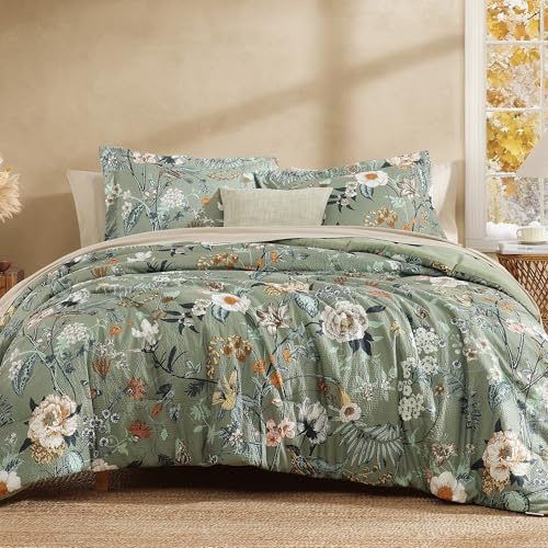 CASAAGUSTO Set med sängkläder för king size, 7 st gröna blommiga täcken med blommönster, mjuk sängkläder för alla årstider med dekorkudde (25 x 230 cm)