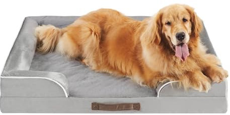 Codi Extra Large Memory Foam Layer Dog Bed, Washable Orthopedic Dogs Beds Couch with Removable Zipper Cover, Waterproof Pet Sofa with U-Shape Bolster, Grey, 106x81x(8.9+8.9) cm