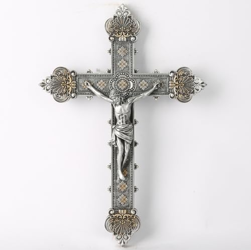 BC Catholic Crucifix Wall Cross, Jesus Christ Home Decor, Religious Gift, Vintage Silver Color Finish 12H Renaissance Sculpture Hand-painted by Buildclassic