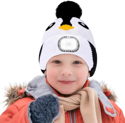 AYPOW Niños LED Gorro con Luz, Linterna Frontal LED Recargable por USB Faros Manos Libres, Sombreros Gorros Invierno Cálido Punto con Antorcha, Regalos para Niños Niñas Correr Senderismo Acampar