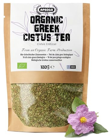 Apsogo Tisane de Ciste Grecque Bio - Cistus incanus, en Vrac, 100g | Tisane de ciste (Cistus incanus) de Grèce, du massif du Parnonas - feuilles en vrac, séchées, note d'agrumes délicate.