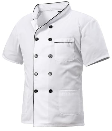 MeiLayM Hombre Ligero Chaquetas de Chef Chaqueta de Chef Profesional - Uniforme Hosteleria Chaqueta Cocinero Bar Restaurante Manga Corta con Bolsillo Ajuste Moderno