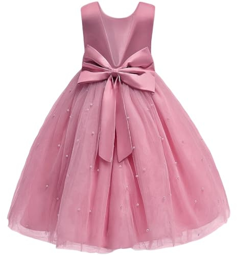 Mokpi Flower Girls Wedding Dress Princess Birthday Party Satin V-Back Ball Gown Prom (160, Dark Pink)