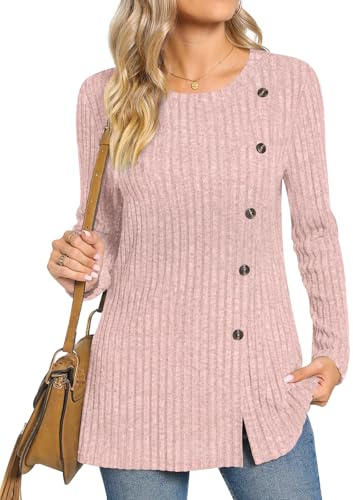 TAOHUADAO Women's Long Sleeve Jumpers Crewneck Tunic Tops with Button Sides Loose Casual Fall Sweater Shirts for Leggings L, Pink