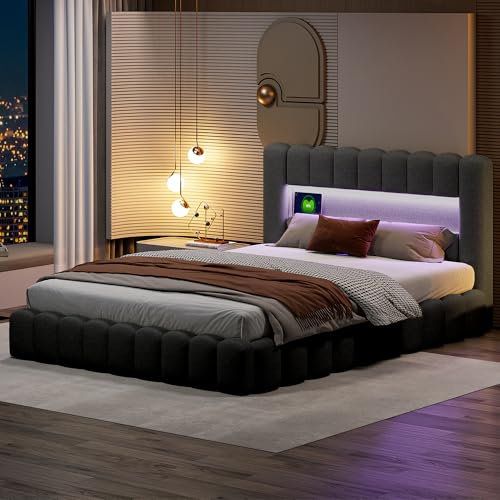Yolasoly Polsterbett Doppelbett 180x200cm,LED Doppelbett mit Stauraum Underbett,Polsterbett mit mit USB-Ladefunktion,Stauraumbett Rückenlehne Bettgestell für Teenage&Adult,Grau