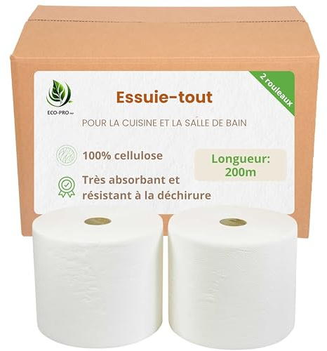 ECO - PRO PAP papiers essuie tout 100% cellulose FSC, rouleaux absorbants et résistants, sans plastique, avec noyau en carton - pour cuisine, salle de bain et bureau, Lot de 2, 200 m