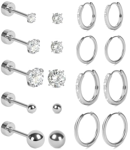 Vicloon Orecchini Acciaio Chirurgico, 18 Pezzi Set di Orecchini a Bottonecon Retro Piatto Orecchini a Cerchio Cartilagine Ipoallergenica Cartilagine Helix Piercing Orecchio Set Orecchini Donna Argento