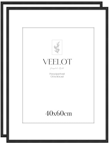 Veelot® 2x Marco Para Fotos 40x60cm, Aluminio Metálico, Negro,Passepartout 30x40cm,Marco Grande Para Diplomas,Cristal Sintético Inastillable, Perfil Estrecho, Uso Vertical u Horizontal
