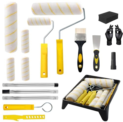 Rouleau de Peinture, 18 Pcs Kit Rouleau à Peinture, Pinceaux de Peinture Rouleaux et Poignée pour Murs et Plafonds,Ensemble de rouleaux de peinture Multifonction avec rallonge et des Manchons