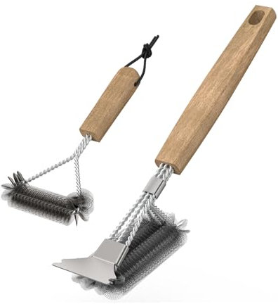 Juego de cepillos para barbacoa (2 unidades), cepillo de limpieza para barbacoa con mango de madera, cepillo para barbacoa de 42 cm con rascador de acero inoxidable, cerdas de acero inoxidable densas