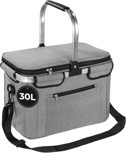 OUSFOT Cesta de Picnic, 30L Gris Plegable Cestas de la Compra Bolsa Picnic con Tapa Compras,Picnics,Actividades al Aire Libre