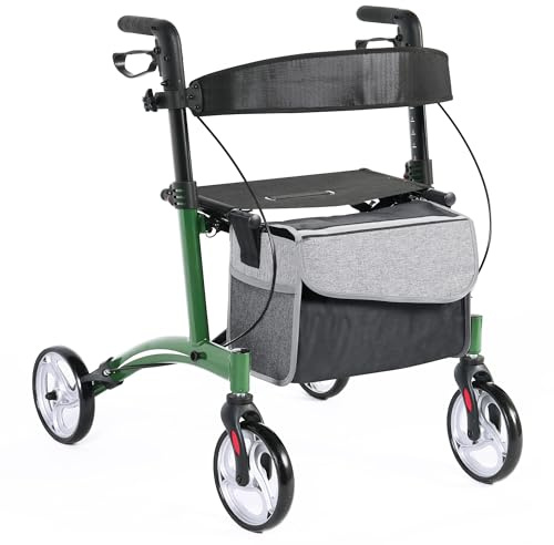 SDHYL Deambulatore pieghevole leggero con sedile, in alluminio per tutti i terreni, ruote in PVC da 20 cm, deambulatore regolabile in altezza per anziani