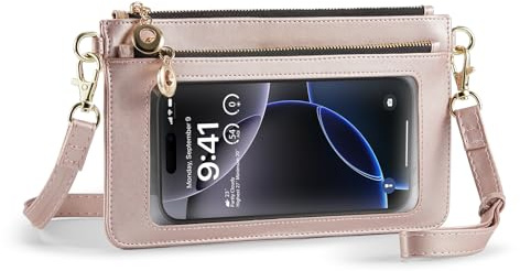 Borsa a Tracolla Mini Cellulare Piccola per Donna Borsello Portafoglio 2 in 1 Ultra Sottile con Cinghia Regolabile e Laccetto da Polso Tascone Zip e Slot per Carte Compatibile iPhone Samsung Oro Rosa