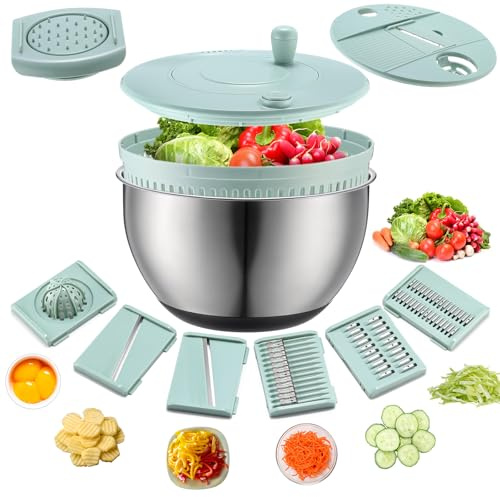 LemonRoad Stainless Steel Salad Spinner Large, Vegetables Fruits Washing Bowl, Fruits Lettuce Dryer with 5 Blade Slicer Egg Yolk Strainer Shredder for Kitchen Efficient Salad Preparation, 5.3 Qt