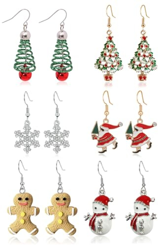Set de boucles d'oreilles Noël 6 paires, boucles d'oreilles de Noël pendantes accessoires de Noël pour femmes, boucles d'oreilles de Noël bijoux de Noël pour femmes flocons de neige père Noël arbre de