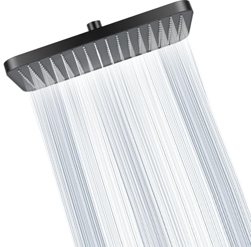 Ronvie Rain Shower Head 13 Inch, Square Large Panel, Black | Powerful High Pressure, Fixed Overhead Shower Head, Adjustable Swivel Ball Joint, Easy Installation