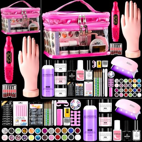 Deciniee Kit d'ongles en acrylique : ensemble de poudre acrylique à la main d'entraînement avec lampe UV et perceuse à ongles électrique - Kit complet de manucure pour débutants à domicile - Outils de