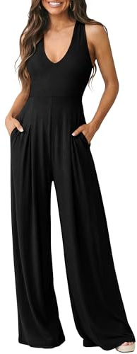 ANRABESS Jumpsuits for Women Summer Halter V Neck Backless Wide Leg Flowy Rib Causal Dressy Rompers 2026 One Piece Outfits Black Medium