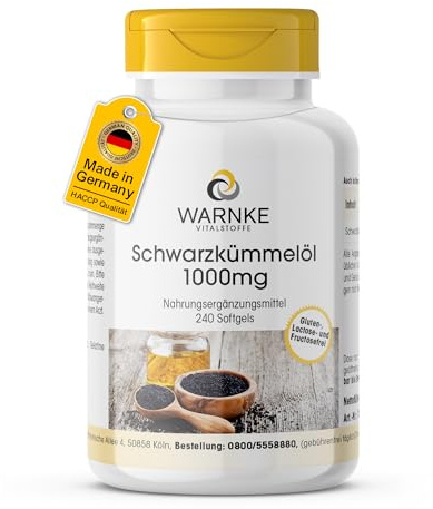 Olio di cumino nero 1000mg - 240 capsule molli - 1000mg per capsula - spremuto a freddo - Nigella sativa originale - ALTO DOSAGGIO - Qualità farmaceutica tedesca | Warnke Vitalstoffe