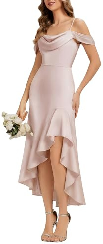 Ever-Pretty Abiti da Damigella Collo Fluido Maniche Corte Satin High Low Gonna a Sirena Rosa 48