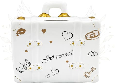 Logbuch-Verlag Hucha de cerámica con forma de maleta Just Married, color blanco, con corazones, aprox. 14,5 x 10,5 cm, embalaje de regalo y decoración de boda, ideal como regalo de boda