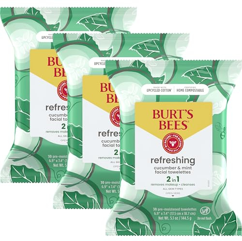 Burt's Bees Cucumber & Mint Face Wipes, for All Skin Types, Refreshing Makeup Remover & Facial Cleansing Towelettes, 30 Ct. (3-Pack)
