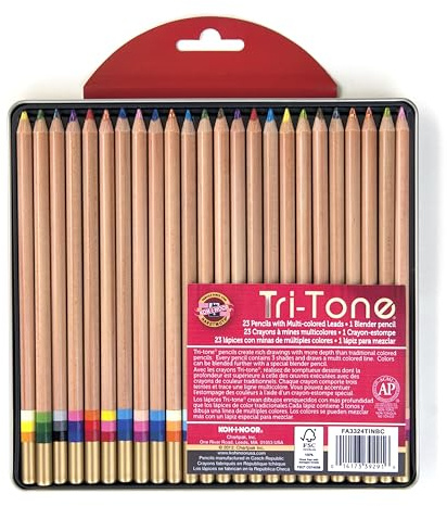 Koh-I-Noor Tri-Tone Multi-Colored Pencil Set, 24 Assorted Colors in Tin and Blister-Carded (FA33TIN24BC)