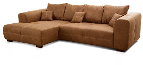 Cavadore Canapé d'angle Mavericco XXL avec Coussin de Dossier et Coussin décoratif, Chaise Longue à Gauche, Style Industriel, 285 x 69 x 170 cm (l x H x P), en Microfibre, Cognac