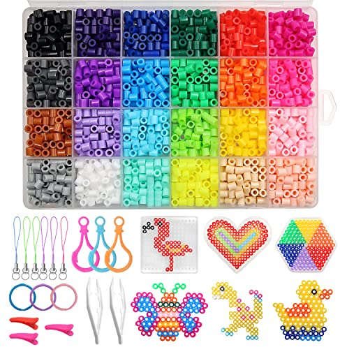 Bügelperlen Set, 24 Farben Bügelperlen für Kinder, Steckperlen in Organizerbox, Mini Perlen mit Platte Zubehör Muster, Kreativer Bastelspaß für Groß und Klein