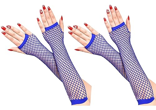 COSFAN 2 Paar Damen Netzhandschuhe,Lange Fingerlose Mesh Handschuhe,Elastische Hohle Handschuhe für Kleid Tanz Party Kostüm Zubehör (Blau)