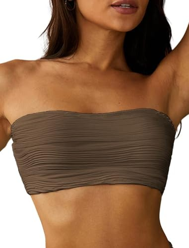 ZAFUL Women Textured Bandeau Bikini Top Lace up Strapless Swimsuit Solid Color High Cut Bathing Suits Top Only(0-Brown, S)