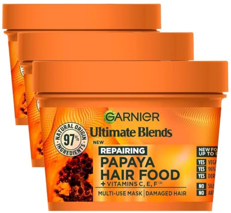 Garnier Hair Food 3-in-1 Hair Treatment Mask, Intensely Nourishes and Repairs Hair, For Damaged Hair, No Silicones, Vegan Formula, Papaya, Ultimate Blends, 400ml (Pack of 3)
