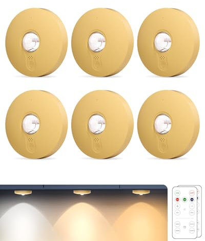 Aokpsrt Rechargeable Puck Lights with Remote Control, 1500mAh Battery Operated Tap Lights, Dimmer & Timer Under Cabinet, Wireless LED Stick-On for Closet, Bedroom, Kitchen - Gold 6Pcs