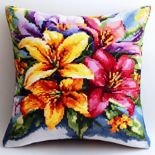 Kissenbezug Zum Sticken Kreuzstich, Bunte Lilienblüten Handarbeits Kissenbezüge 45X45cm Stitch Kissenbezug Stickset Kreuzstich Kissen zum Basteln Stickkissen Stickpackung