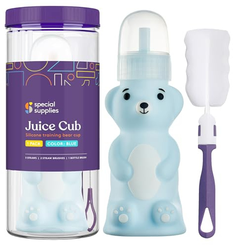 Special Supplies Honey Bear Straw Cup Long Straws, Squeezable Therapy and Special Needs Assistive Drink Container, Spill Proof and Leak Resistant Lid (Pack of 1 Bottle and 3 Straws) (Blue)