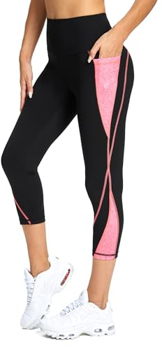 Rexspek Pantalones deportivos para mujer 3/4 con bolsillo, pantalones de chándal para mujer, cintura alta, pantalones de fitness, rosa/gris, S