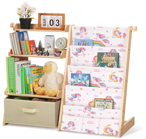 Decalsweet Kids Bookshelf with Toy Storage Box,Wooden Childrens Bookcase with 4 Sling & 3 Tier,Toddler Baby Book Shelf for Kids Room Bedroom Playroom Nursery-Unicorn