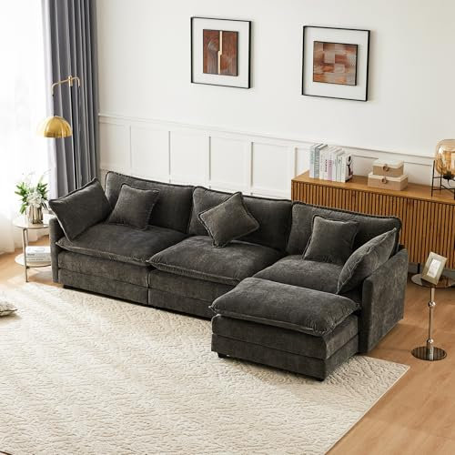 Sofá de 3 plazas, 283 x 147 x 84 cm, diseño moderno, tela de chenilla, sofá tapizado, sofá de tres plazas, sofá de esquina con reposapiés, sofá esquinero en forma de L, adecuado para salón y