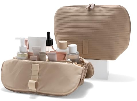 THE VERTI-Vertical Waterproof Makeup & Toiletry Bag | 23-Pocket Organizer with Upright, Fold-Down Design for Skincare, Toiletries & Essentials (Sandstone)