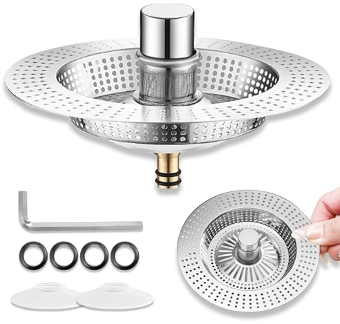1 stycken kök 304 rostfritt stål diskho sil, Universal 3-i-1 diskhoar silkorgar, Pop up Diskbänksplugg Filter, rostfritt stål diskbänkssil, för vattenflöde, matrester, Avloppstillbehör (76-81mm).