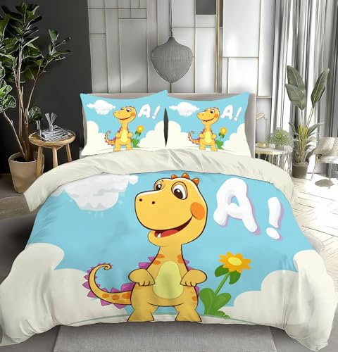 Copripiumino Letto Singolo 135x200cm Biancheria da Letto Dinosauro Dei Cartoni Animati con Federe - Stile Di Animazione Set Copripiumino Reversibile con Cerniera Per Ragazzi e Ragazze, Cielo azzurro